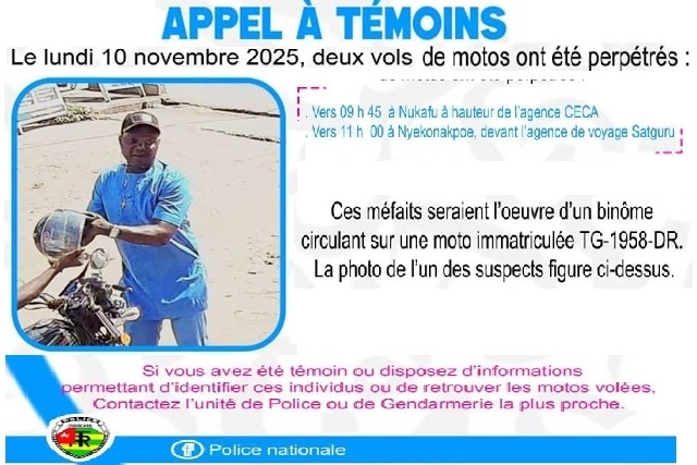 Togo : la Police nationale recherche deux voleurs de motos à Lomé